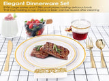 175Pcs Disposable Gold Dinnerware Set Gold Rim Plastic Plates Cups Fork Spoon Knife Paper Napkins 80206586