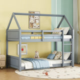 Twin Over Twin House Floor Bed with Headboards, Footboards and Guardrails, Ladder, Rubber Wood W504P227934