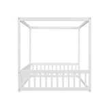 Full Size Canopy Frame Floor Bed with Fence, Guardrails,White W504P143282