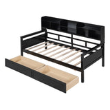 Twin size Daybed, Wood Slat Support, with Bedside Shelves and Two Drawers, Espresso N708P245183P