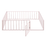 ZUN Full Size Metal Floor Bed Frame with Fence and Door, Pink MF307107AAH