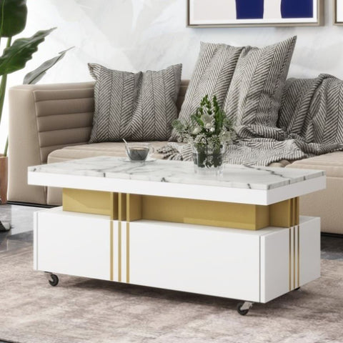 ZUN Contemporary Coffee Table with Faux Marble Top, Rectangle Cocktail Table with 41562548