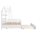 ZUN Wooden Full Size House Bed with Twin Size Trundle,Kids Bed with Shelf, White 90541067