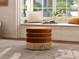 Edward 17.5" Round Upholstered Ottoman with Bullion Fringe Burnt Orange Performance Velvet B2719P320842