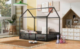 Full Size Metal House Bed with Fence and Door, Black MF315933AAB