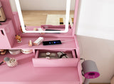 3-Color LED Vanity Mirror with Stool, Pink Dressing Table for Bedroom, 2 Drawers & 5 Storage W2700P457871