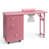 Nail Desk Folding Table, Pink MDF Manicure Station w/ 2 Drawers & 1 Door Cabinet for Nail Art Salon 58463404