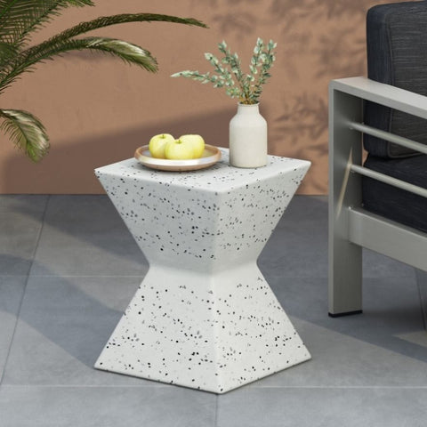 ZUN 14.75" White Terrazzo Finish Prismatic Symmetry Concrete Outdoor Side Table with Prismatic Design – N767P192084W