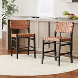 ZUN 24.25'' Classic Counter Stools Set of 2,Brown PU Counter Stools with rubberwood Frame,Leather 74690.00BRN