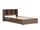 Modern Twin Size Bed Frame With Built-in USB Port on Bookcase Headboard and 2 Drawers for Walnut 68014174