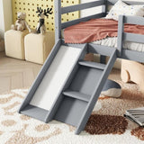 ZUN Twin Low Loft House Bed with Slide, Ladder, Safety Guardrails, House Roof Frame,Grey 74742872