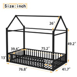 Twin size House Floor Bed with Detachable Slats, Versatile Metal House bed with Guardrails, W1580P324213