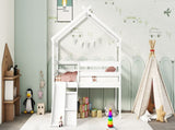 Twin Low Loft House Bed with Slide, Ladder, Safety Guardrails, House Roof Frame,White W504P145316