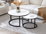 Set 2 Coffee Table Nesting White and gray top Black Frame Circular Round and Marble Pattern Wooden 68840643