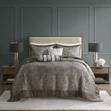 5 Piece Jacquard Bedspread Set with Throw Pillows Blue/Brown Queen B03597489