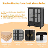Minimalist Black Buffet Cabinet with Double Glass Doors and Drawer, Modern Wooden Storage Sideboard W2557P307942