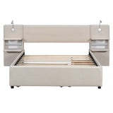 Queen Size Upholstered Platform Bed with Reading Lights, Drawers, Trundle and Shelves, Beige 57706475