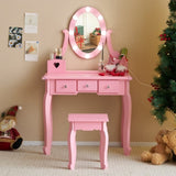 Kids Vanity Set with Mirror and Lights and Stool, 5 Storage Drawers, Pretend Play Princess Makeup 07602676