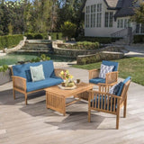 ZUN Outdoor Acacia Wood Sofa Set with Water Resistant Cushions, 4-Pcs Set, Brown Patina / Teal Blue 59116.00DT