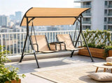 Beige 2-Seat Porch Swing with Adjustable Canopy, Built-in Storage Table & Cup Holders for Backyard 02083236