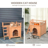 Natural Wood 2-Level Wooden Cat House with Lockable Wire Door 15770241