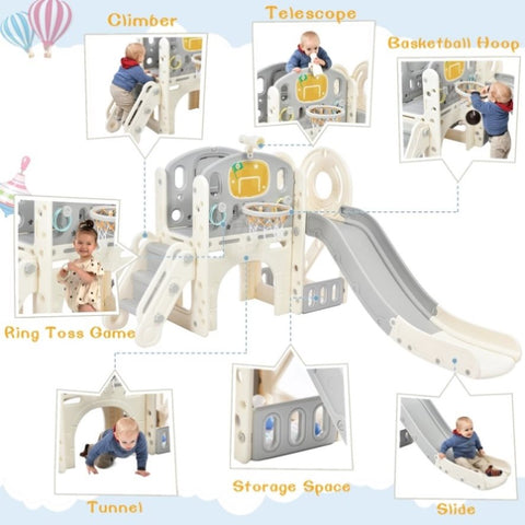 ZUN Kids Slide Playset Structure, Castle Climbing Crawling Playhouse with Slide, Arch Tunnel, Ring Toss, 02990299