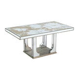 71x39.5x31.5" Large Mirrored Dining Table with Elegant Floral Design and Silver Finish W2078P248213