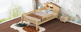 Twin Size Wood Platform Bed with House-shaped Headboard, LED and Built-in Storage, Natural N709P184429M