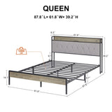 Bed frame with charging station Queen size,Grey, 87.8'' L x 61.8'' W x 39.2'' H. W1162123746
