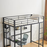 ZUN Twin Size Metal Loft Bed with Desk and Storage Shelves, 2 Built-in Ladders & Guardrails, Loft Bed 24084239