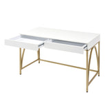 2 Drawers Writing Desk with Metal Trestle Base, White High Gloss and Gold B016P317513