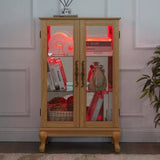 Elegant Light Oak Curio Cabinet with Tempered Glass Doors, LED Light, Mirrored Back Panel & W1758P290028