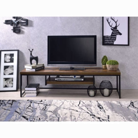 ZUN Weathered Oak and Black TV Stand with 1-Shelf B062P209412