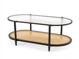 Oval 2-Tier Coffee Table, 37.8" x 19.7" x 18.1", Fluted Glass & PE Rattan 78161674