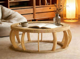 35.43"Vintage Rattan Solid Wood Round Coffee Table, Curved Legs Boho Accent Table for Dining Room, W757P383547