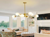 Modern 8-Light Gold Chandelier with White Glass Globe Shades, Mid-Century Branching Design, Elegant W1340P211849