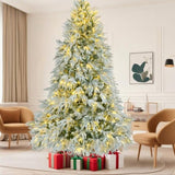7.5FT Pre-Lit Spruce Snow Flocked Christmas Tree, Artificial Hinged Xmas Tree with 350 Multi-Color N704P199476A