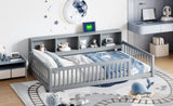 Wood Twin XL Size Floor Bed with Storage Cabinets and USB Ports, Gray N709P205811E