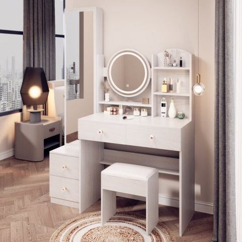 ZUN Full Body Mirror Cabinet + Round Mirror LED Vanity Table + Cushioned Stool, 17" diameter LED Mirror, 49214828