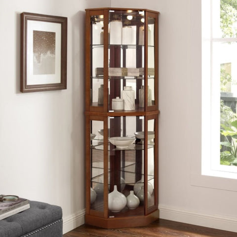 ZUN 6 Shelf Corner Curio Display Cabinet with Lights, Mirrors and Adjustable Shelves, Walnut W1693P165021