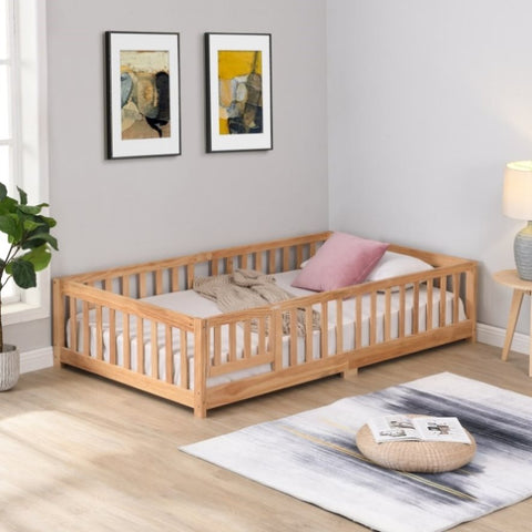 ZUN Queen Size Floor Bed with Door, Solid Wood Platform Bed Frame with Fence , Suitable for children , W2297P202917