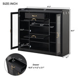 ZUN ON-TREND Modernist Side Cabinet with 4 Glass Doors & 3 Hooks, Freestanding Shoe Rack with Multiple WF313572AAB