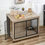 ZUN Furniture Style Dog Crate Side Table With Rotatable Feeding Bowl, Wheels, Three Doors, Flip-Up Top W1820106191