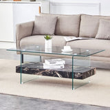 ZUN 43.3 Inch Modern Two-Tier Coffee Table - An Elegant Combination of Clear Glass and Black Marble W2920P226071