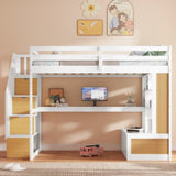 Full Size Loft Bed with Desk and Shelves, Two Built-in Drawers, Storage Staircase, White and Natural 04858801