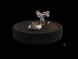 Black Round Fluted Coffee Table with Tempered Glass Top, PU Leather Body , Baked Enamel Metal Base & W3081P428980