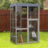 70.5 Tall Wooden Catio Outdoor Cat Enclosure, Gray Cat House Large Solid Wood Cage Playpen with 6 W773P307596