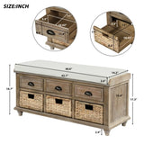 ZUN TREXM Rustic Storage Bench with 3 Drawers and 3 Rattan Baskets, Shoe Bench for Living Room, Entryway WF195161AAN