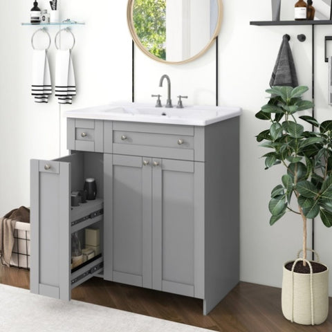 ZUN 30-Inch Grey Bathroom Vanity with Ceramic Sink Combo, Abundant Storage Cabinet - 2 Soft-close Doors WF532032AAE