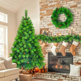 6FT Grass Green Christmas Tree, Large Branches Pine Tree, Pre-Lit Set with Tree & Garland & Wreath, N704P198445F